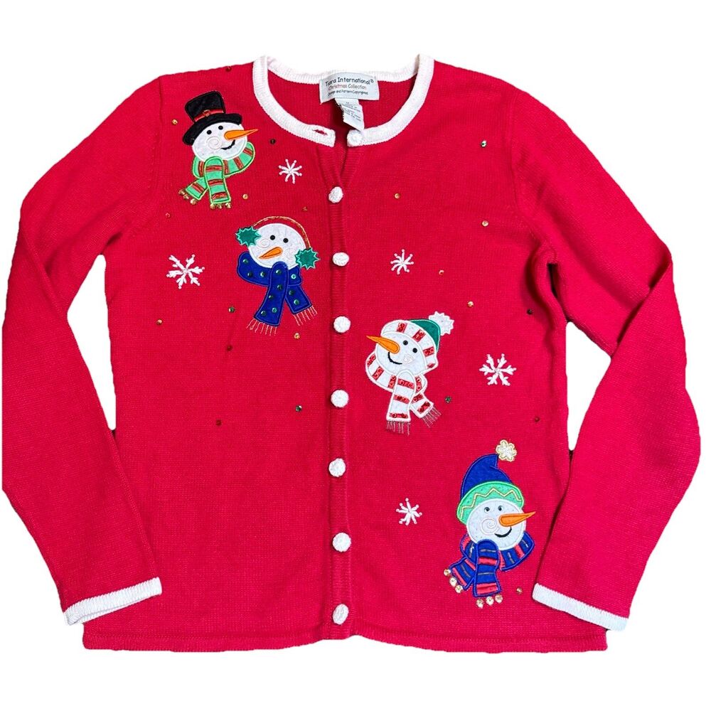 Tiara International Christmas Collection Red Snowman Full Zip Sweater Sz Medium
